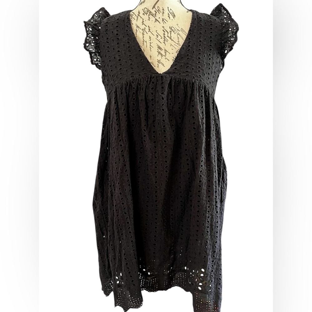 EUC Black Eyelet Babydoll Mini Dress Pockets Lined Built in Shorts Small - Picture 2 of 16